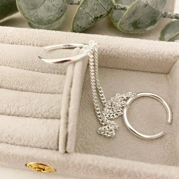 925 Sterling Silver Modern Double Chain Ring Dangle Chain Thin Stackable Ring - Picture 4 of 5